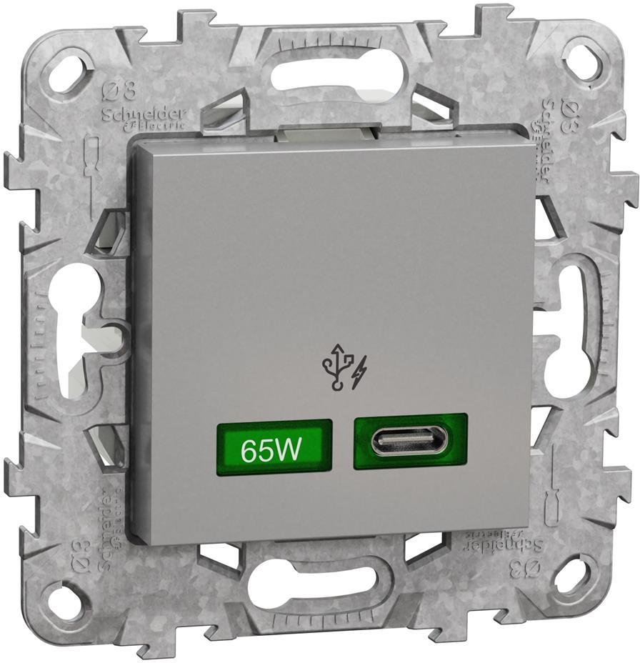 Розетка USB за зареждане тип C Power Delivery 65 W с носеща рамка 2 мод. цвят Алуминий Unica SE