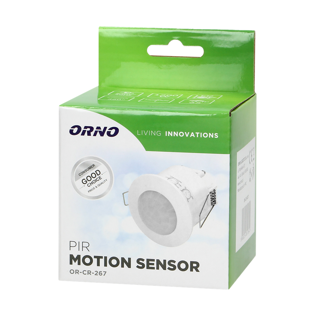 Датчик за движение PIR , за вграждане в таван , 360° , обхват D 6 m @ h = 2.5 m , IP 65 , цвят Бял ORNO