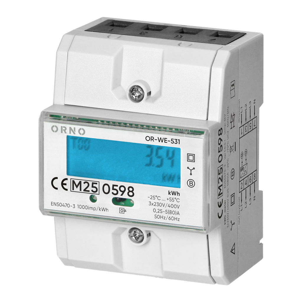 Трифазен електромер за ДИРЕКТНО мерене на ел. енергия , импулсен изход, еднотарифен, за DIN монтаж 4.3 мод, 80 A , MID ORNO